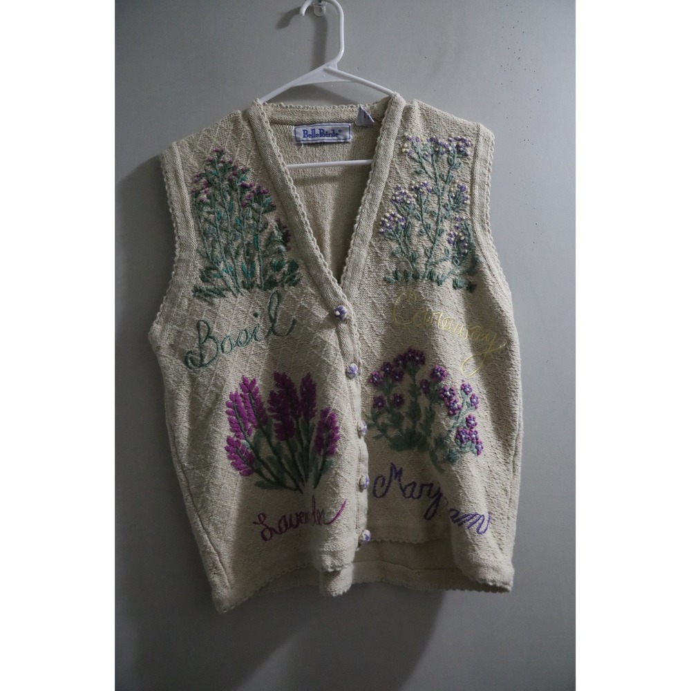 Vintage Belle Pointe Herb Garden Embroidered Knit Vest Cream Floral Medium